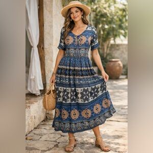 Blue Boho Maxi Dress Short Sleeve Tie Back No Tags Fits S/M